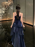 Nukty Vintage Blue Elegant Sexy Backless Ruffles Long Dresses French  Pleated Slip Sleeveless Vestidos Birthday Evening Party Dress