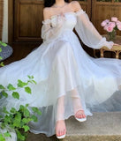Nukty Elegant Maxi Dresses For Women White Off Shoulder Puff Long Sleeve Elastic High Waist Party Gown Ruffle Holiday Dress