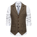 Nukty Men's Retro Lapel Chain Vest Fashion Herringbone Coarse Tweed Pockets Suit Vest British Casual Vintage Gentleman Leisure Party
