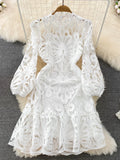 Nukty Vintage Hollow out Lace Floral Embroidery Dress For Women Spring Stand collar Puff Sleeve High Waist Mermaid Short Lace Dress