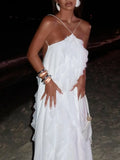 Nukty Elegant White Ruffles Edge Backless Long Dresses Women Sexy Off Shoulder Loose Maxi Dress Fashion Beach Vocation Party Robes