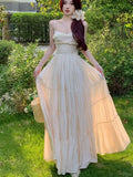 Nukty Elegant Fairy Chic Pleated Dresses Korean Patchwork Slim Waist A Line Sling Dress Women Princess Evening Vestidos Female Robe