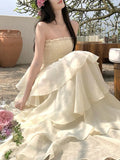 Nukty French Elegannt Strap Ruffles Romantic Cake Women's Dresses Backless Sleeveless Princess Vestidos Spring Summer New Robe
