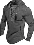 Nukty Men Autumn Spring Top Lace Up Drawstring Solid Color Long Sleeve Zipper Pockets Pullover Streetwear Men Mid Length Hoodie