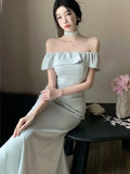 Nukty Sexy Solid Off Shoulder Mermaid Dresses Summer Slim Waist Vestidos Mujer Elegant Ruffles Slash Neck Bodycon Evening Party Dress