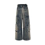 Nukty RO Style Gradient Ribbons Multi-pockets Drawstring Jeans for Men Harajuku Streetwear Baggy Y2K Denim Trousers Oversized Cargos