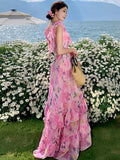 Nukty French Chic Ruffles Floral Print Dresses For Women Backless Beach Style Cake Dress Female Long Vestidos Summer Maxi Dress