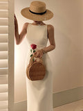 Nukty Women Spaghetti Strap Sleeveless Solid Sexy Dresses Summer New Fashion Office Lady Female Elegant Evening Party Midi Dress