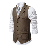 Nukty Men's Retro Lapel Chain Vest Fashion Herringbone Coarse Tweed Pockets Suit Vest British Casual Vintage Gentleman Leisure Party
