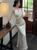 Nukty Elegant Satin Mermaid Womens Dresses Sexy Halter Spaghetti Strap Bodycon Evening Party Dress Summer Slim Waist Vestidos Robe New