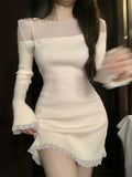 Nukty Sexy Mini Lace Dress Women Off Shoulder Bandage Ladies Dresses Patchwork Mesh Ruffles Slim Stretch Elegant Knit Vestidos