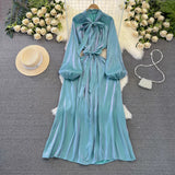 Nukty Frenchic Vintage Long Dress Women Lace-up Bow Collar Lantern Sleeve Female Vestidos De Mujer Spring Elegant Dresses