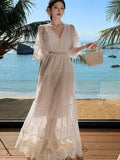 Nukty White Lace Flora Embroidery Women Dresses Bodycon Summer Vacation V-neck Vintage Women's Clothing Elegant Maxi Vestido Lady New