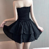Nukty White Lace Strapless Mini Dress Sweet Sexy Backless Girdle Waist Ruffle Casual Slim Dresses Party Vacation Short Dress