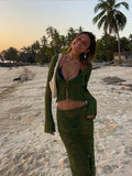 Nukty Women Sexy See Through Patchwork Long Skirt Set Fashion Long Sleeve Lace-up Shirt Tops Suit New Vocation Beach Outfits
