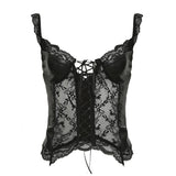 Nukty Punk Sexy Bandage PU Vest Clubwear See Through Lace Patchwork Leather Crop Top Women Summer Skinny Corset Top Gothic Tees