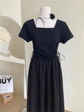 Nukty New Elegant Summer Short Sleeve Vacation Dress For Women Square Neck Casual Solid Party Dresses Korean Chic Slim A-line Vestidos