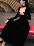 Nukty Autumn Winter Black Velvet Midi Dress Women France Vintage Long Sleeve Square Collar Birthday Party A-Line Vestidos Female Robe