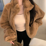 Nukty Chic Women's Faux Fur Coat Thick Warm Women Winter Jacket Furry Artificial Fur Outerwear Zipper Brown Short Jackets