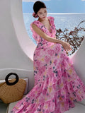 Nukty French Chic Ruffles Floral Print Dresses For Women Backless Beach Style Cake Dress Female Long Vestidos Summer Maxi Dress