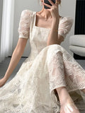 Nukty Vintage Fairycore Lace Long Dress Women Princess Sleeve Square Collar Dresses Elegant Beige Solid Evening Party Prom Vestidos