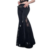 Nukty Solid Lace Patchwork Flared Bottom Trousers Gothic Black Flared Pants Breathable Stretch Flared Bottom Punk Pants