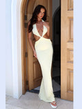 Nukty Women Sexy Hollow Out Deep V-neck Long Dress Fashion Solid Pleated Backless Lace-up Maxi Dresses Summer Vocation Beach Vestidos