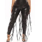 Autumn Winter PU Leather Pants Women High Waist Sexy Wide Leg Pants Ladies Chic Multiple Ties Trousers
