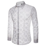 Nukty  Black White Lace Mens Shirts Long Sleeve Sexy Thin Hollow Out See Through Clothes Party Night Club Dance Streetwear Shirts
