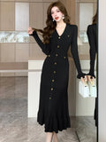 Nukty Solid Knitted Dresses for Women Autumn Single Breasted Chic Flared Sleeve Ruffles Hem Casual Female Office Elegant Robes