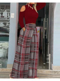 Nukty Casual Holiday Outfits For Women Cold Shoulder Top & Plaid Print Wide Leg Pants Set New High Waist Suits Woman Clothing