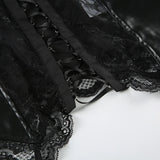 Nukty Punk Sexy Bandage PU Vest Clubwear See Through Lace Patchwork Leather Crop Top Women Summer Skinny Corset Top Gothic Tees