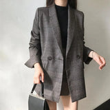 Nukty Women Plaid Blazers Coats Spring Autumn Solid Jacket Female Double Breasted Office Lady Long Overcoat Casual Top