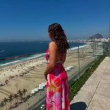Nukty Elegant Flower Print V-neck Pleated Maxi Dress Women Sexy Backless Sleeveless Slim Robes Casual Vocation Beach Party Vestidos