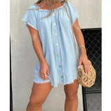 Nukty Shirt Dress Denim Jeans Dresses Women Off Shoulder Slash Neck Blue Tassel Single Breasted A Line Mini Vestidos Streetwear