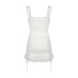 Nukty Ruffled Lace Trim Square Collar Short Dress Korean Fashion Girl's Y2K High Street Layered Mini Skirt Aesthetic Cute