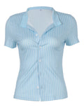 Nukty  Blue Stripe Short Sleeve Shirts For Women Button Up Turn Down Collar Slim Simple Casual Preppy Tops Basic Summer Tees