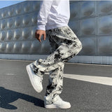 Nukty Mens Jean Fashion Printed jeans Spring Mopping Trousers Jeans Korean Style High Street Loose Hip Hop Wide-leg Jean Pants