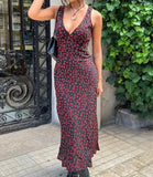 Nukty Floral Print Deep V-Neck Slip Elegant Women Autumn Maxi Dress Fashion Sexy Backless Slim Long Dresses New