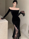 Nukty Women's Sexy Black Velvet Dress Elegant Chic Off Shoulder Lace Split Evening Party Dresses Autumn Female Bodycon Vestidos Mujer