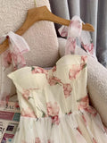 Nukty Summer White Mesh Fairy Dress Woman French Vintage Floral Print Princess Prom Dresses For Women Beach Holiday Maxi Dresses