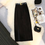 Nukty Autumn Winter Corduroy Women's Skirts with Belted New High Waist Straight Classic Front Split Skirts Ladies Female