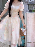 Nukty Women Vintage Floral Print Midi Dress Summer New Fashion Casual Square Collar Female Puff Sleeve Elegant Fairy Holiday Vestidos
