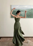 Nukty Elegant Emerald Green Irregular Patchwork Evening Party Dress High Waist Spaghetti Strap Pleated Hem Prom Gown For Women