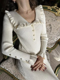 Nukty High Waist Ruffled Maxi Dresses For Women Autumn Winter Knitted Slim Long Dress Women's Vintage Dress Woman Retro Elegant