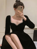 Nukty French Velvet Party Dress for Women Elegant Long Sleeve A-Line Vestidos Robe Female One Piece Mini Birthday Evening Dresses New