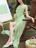 Nukty Elegant Green Halter Sleeveless Womens Dresses French Spaghetti Strap Backless Party Long Dress Summer Spring Casual Beach Robe