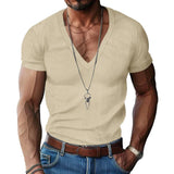 Nukty Men's Corduroy T European and American Summer Men's Clothing V-neck Solid Color Slim Fit Casual T-shirt Short Sleeved Top