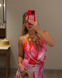 Nukty Elegant Flower Print V-neck Pleated Maxi Dress Women Sexy Backless Sleeveless Slim Robes Casual Vocation Beach Party Vestidos