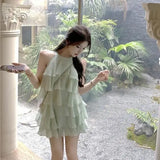 Nukty  Summer Lotus Leaf Splicing Design Dress Elegant Sweet Fashion Off Shoulder Skinny Green Chiffon Vestidos